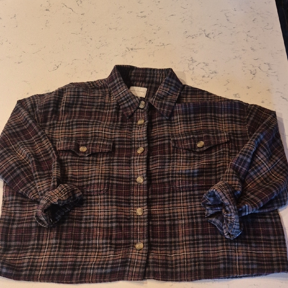 American Eagle Cropped Flannel - Brown, Tan & Maroon Plaid
